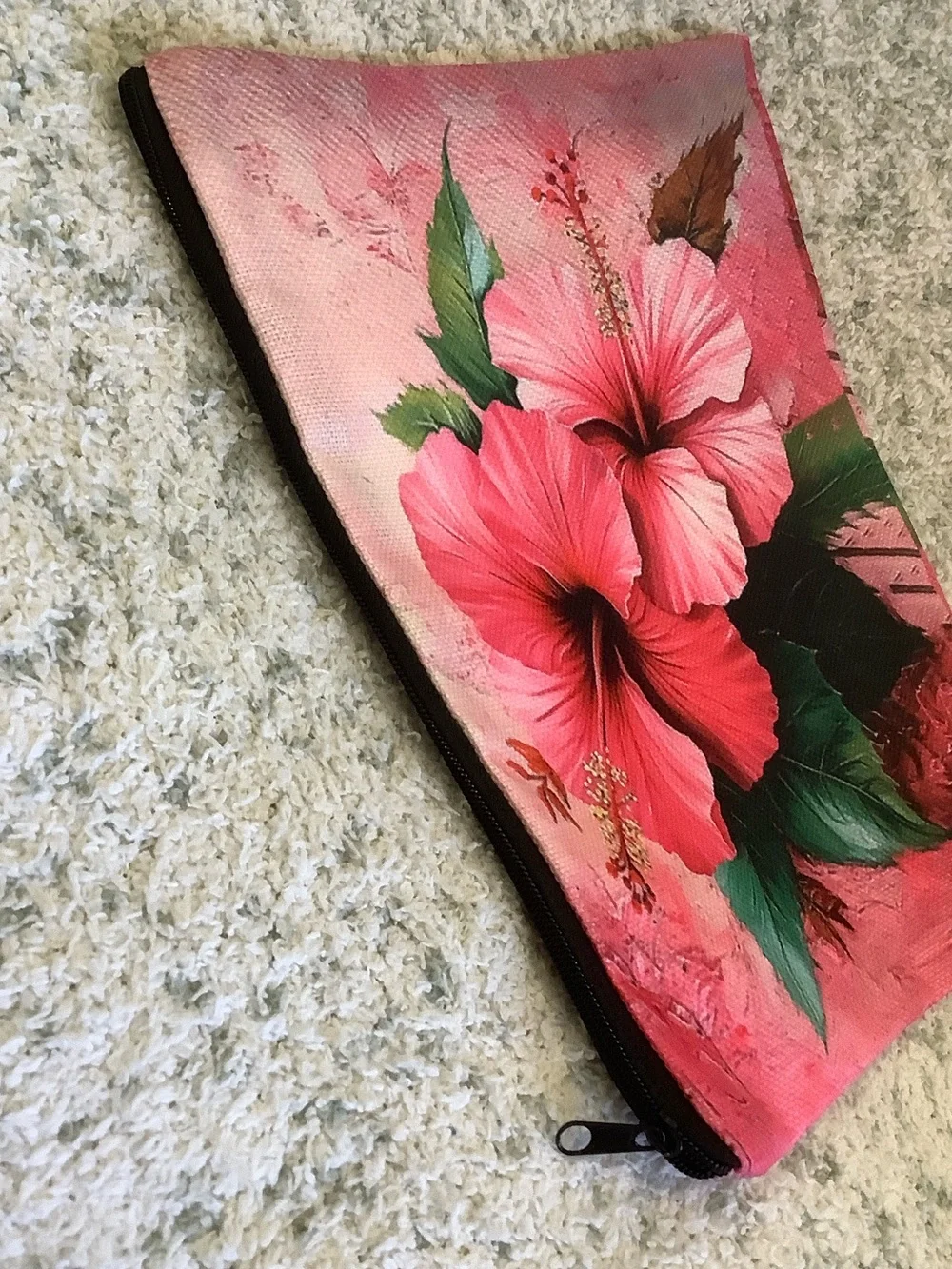 Hot Pink Tropical Floral Cosmetic Bag Canvas Pouch with Hibiscus Print NWT 10x7.